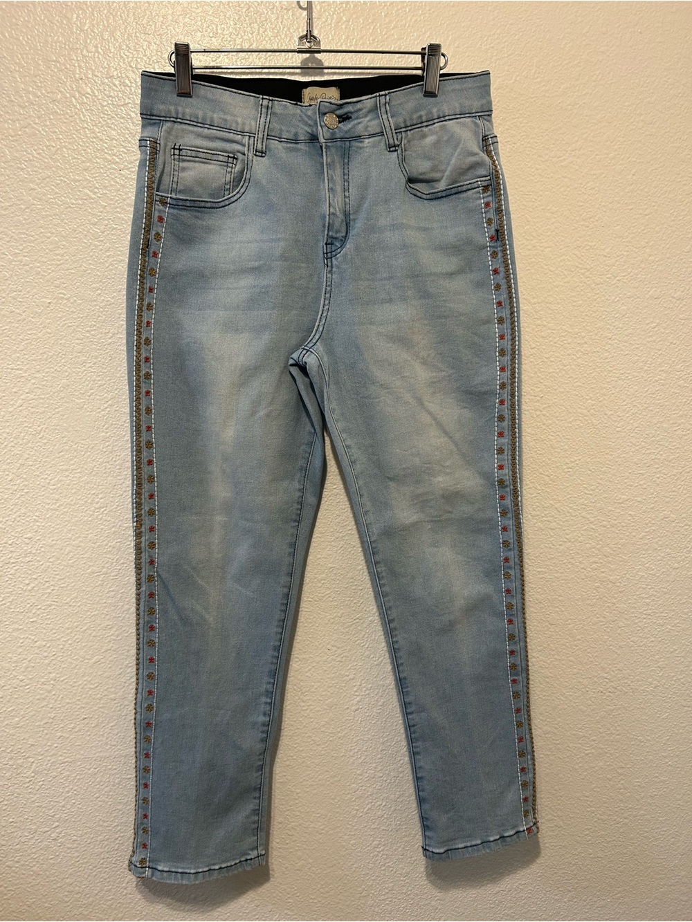 Charlie Paige Light Blue High-Rise Jeans with Embroidered Side Trim